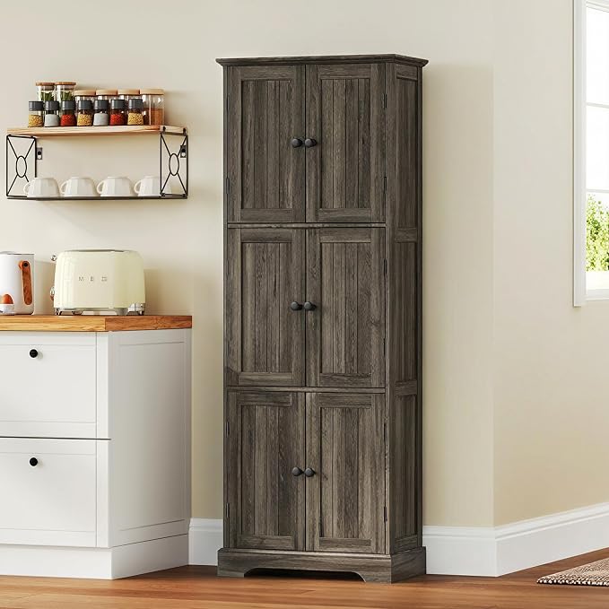 ChooChoo 63.2" Tall Bathroom Storage Cabinet with 6 Doors | Freestanding Floor Cabinet, Adjustable Shelves, Pantry Cabinet for Bathroom, Kitchen, Laundry Room, Rustic Weathered Gray