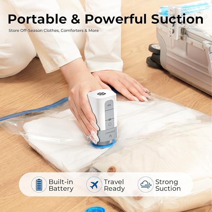 ETENWOLF 10 Large Vacuum Storage Bags for Travel with Wireless Pump | Vacuum Seal Bags for Clothing Travel, Compression Packing Bags for Clothes and Blankets, Space Saver Bags in Carry-On Sizes