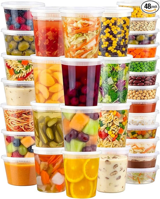 Deli Containers with Lids 48 Sets, 32/16/8 oz X 16 Set Each | BPA Free Plastic Food Containers with Lids for Soup and Takeout Meal Prep Storage, Freezer, Microwave and Dishwasher Safe