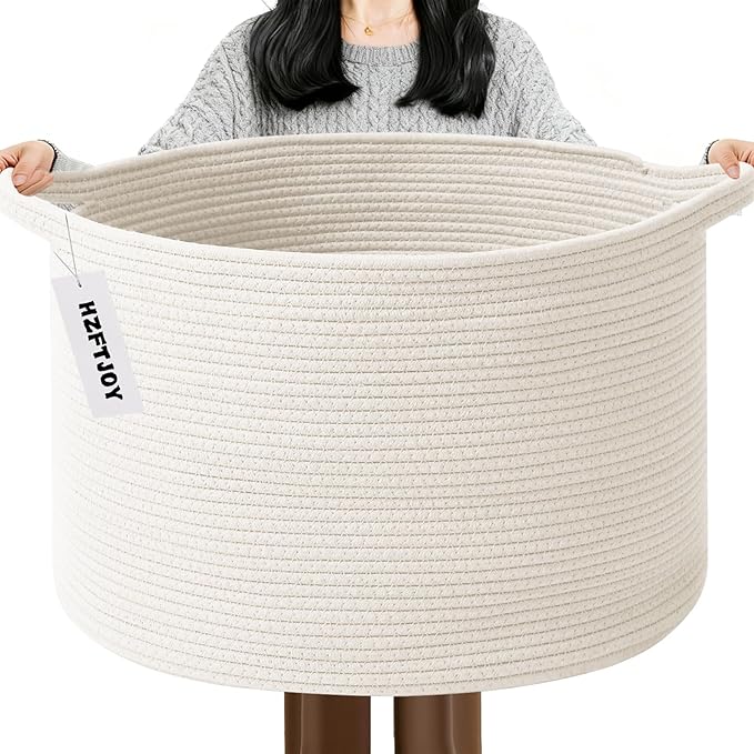 115L Extra Large Woven Cotton Rope Blanket Basket-White | Collapsible, reinforced handles, nursery storage bin organizes clothes, toys and pillows for living room, bedroom bathroom