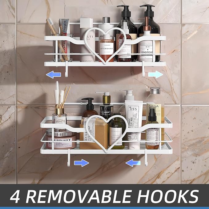 White Heart Shower Caddy,No Drilling Adhesive Shelves,2 Pack | Shower Shelf with 4 Removable Hooks,Holds 40 lbs,Rustproof Metal,For bathroom,kitchen,dorm,Cute Shower Organizer