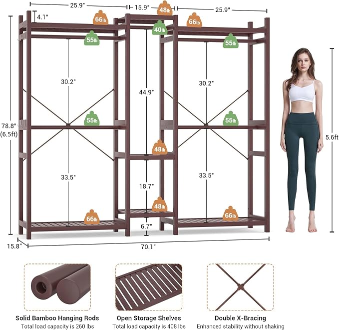 Bamboo Closet System Clothes Rack, Large Freestanding Garment Rack Clothing Rack for Hanging Clothes with 7 Storage Shelves and 5 Rods, Open Wardrobe Organizer with 4 Hooks, Espresso