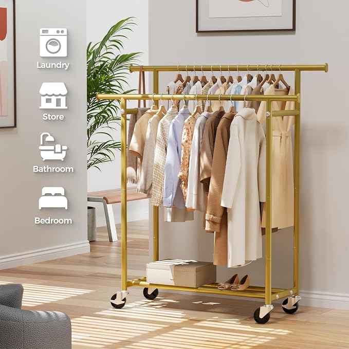 HYSEYY Clothes Rack, Double Rods Rolling Clothing Rack for Hanging Clothes, Portable Garment Rack with Wheels, Coat Rack Wardrobe Closet Load 240 LBS for Bedroom Laundry Room (Glod, L)