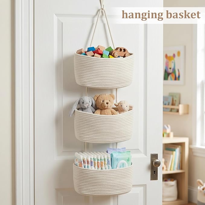 TeoKJ Over the Door Hanging Basket, 3-Tier Woven Cotton Wall-Mounted Storage Organizer Bag Decorative Hanging Nursery Baskets, White