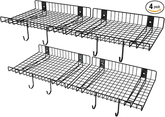 4 Pack Garage Wall Shelf, Wall Mounted Storage Shelves, Heavy Duty Metal Shelves for Room Wall, Loads 160 LBS Floating Shelves Mesh Storage Rack for Garage, Office, Basement,Wall Cabinet and Kitchen