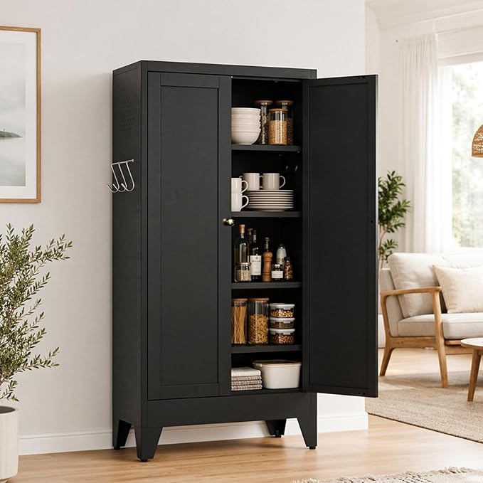 Metal Pantry Cabinet, 47" Kitchen Pantry Cabinet with 2 Doors and 3 Adjustable Shelves, Black Steel Storage Cupboard for Dining, Office, Living Room, Bathroom