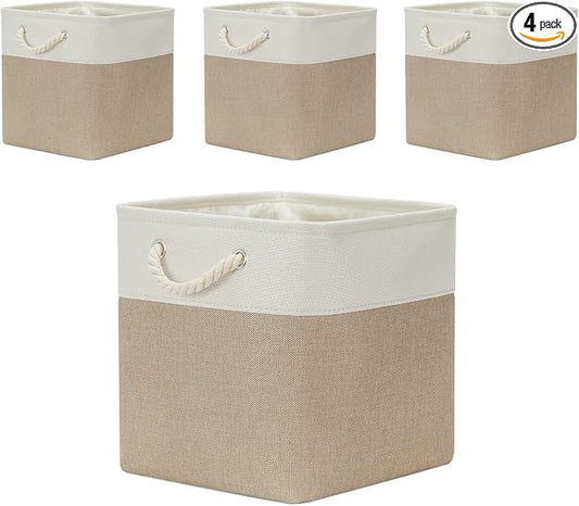 Temary Cube Storage Baskets 4 Pack 13x13 Fabric Cube Storage Bins for Clothes, Large Baskets Boxes with Handles, Canvas Basket for Organizing Towels, Collapsible Storage Bins (White&&Khaki)