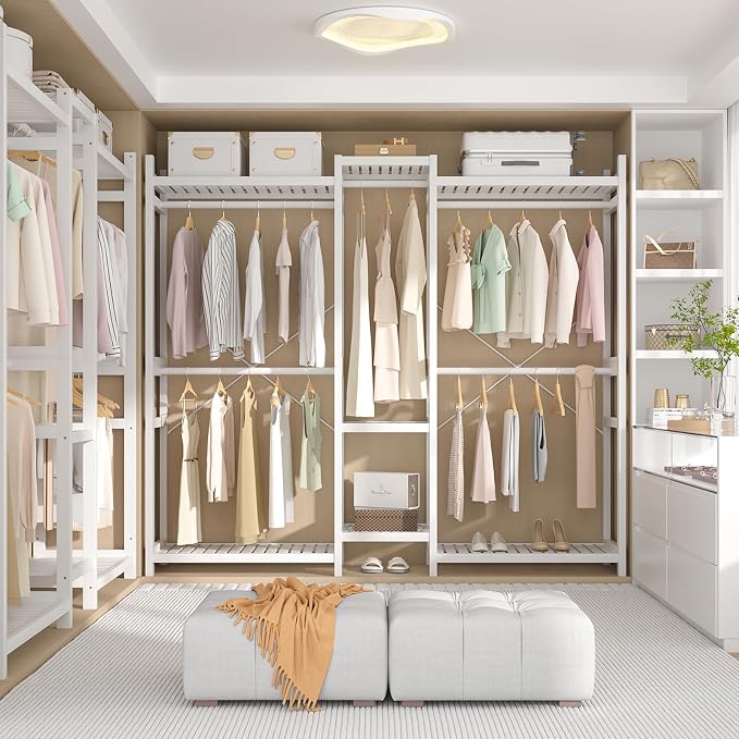 Bamboo Closet System Clothes Rack, Large Freestanding Garment Rack Clothing Rack for Hanging Clothes with 7 Storage Shelves and 5 Rods, Open Wardrobe Organizer with 4 Hooks, White