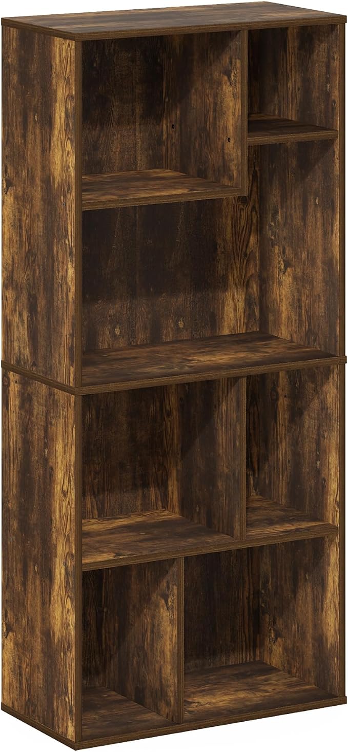 Furinno DALY Book Shelf, 7-Cube Bookshelf, Cube Storage Organizer Bookcase with Irregular Compartments, 9.4 x 18.9 x 42.1, for Living Room, Bedroom, Home Office, Amber Pine