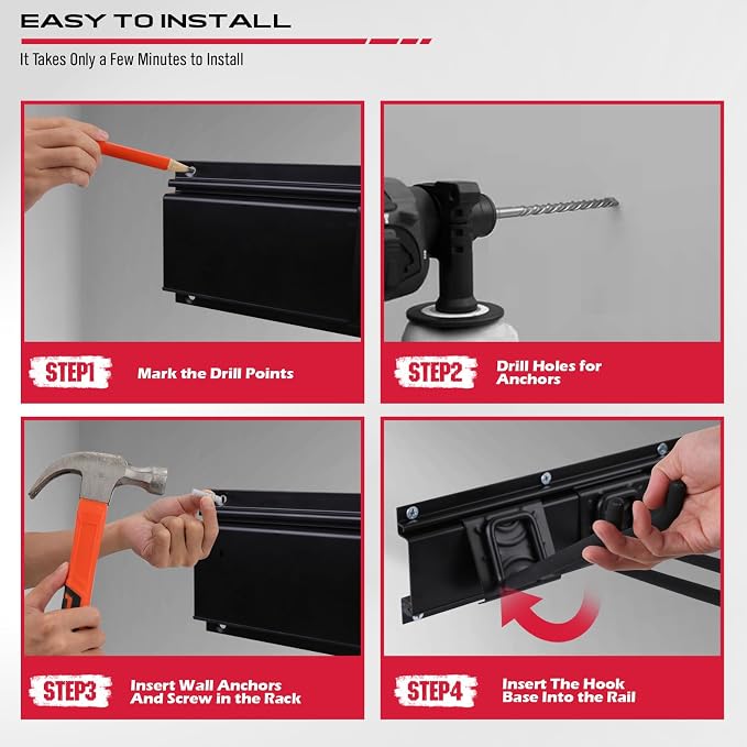 SEDY 48" Heavy Duty Garage Wall Organizer, Wall Mount Tool Storage Rack with Adjustable Hooks, Garden Tool Organizer Hold Up to 300lbs, Easy Installation (3 Panels, 8 Hooks, 3 Straps)
