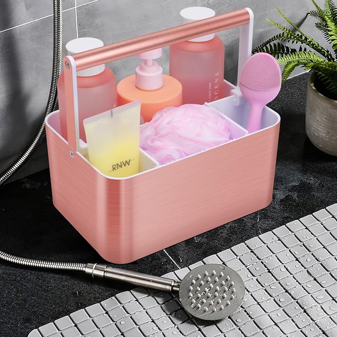 BYUNER Compact Shower Caddy Dorm - Portable Bathroom Caddy Organizer with Handle and Adjustable Divider for College Dorm & Shared Bathroom, Hard Plastic Shower Basket Tote for Toiletry Drainage, Pink