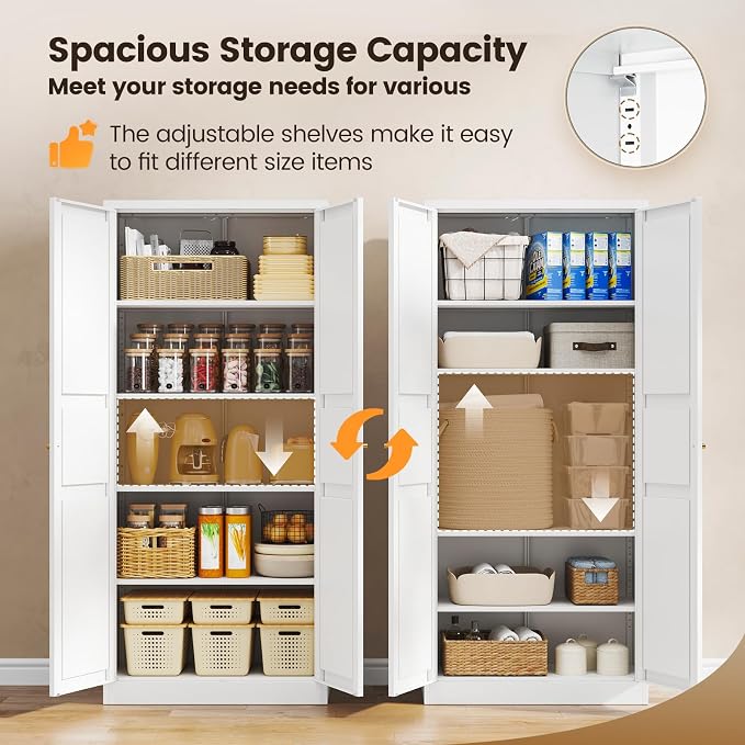 Yizosh Metal Storage Cabinet - 71" White Kitchen Pantry with 2 Doors and 5 Adjustable Shelves, 5-Tier Tall Steel Locker for Living Room, Dining Room