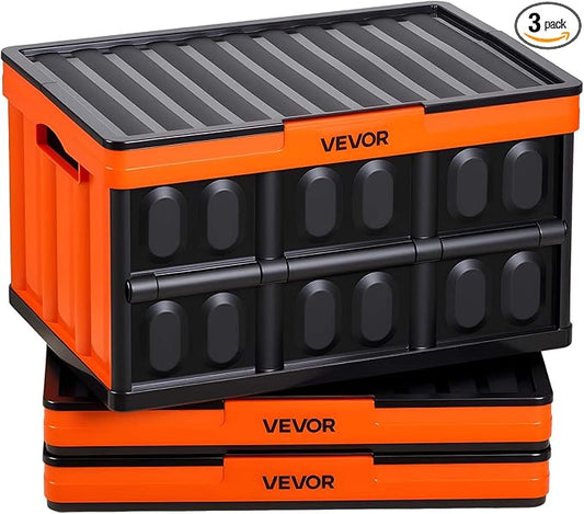 VEVOR Plastic Collapsible Storage Bins with Lids, 45L 3Packs, Stackable Folding Storage Crates with Handles, Holds 44 lbs Per Bin, Heavy Duty Containers, Space-Saving Baskets, for Home Organizing