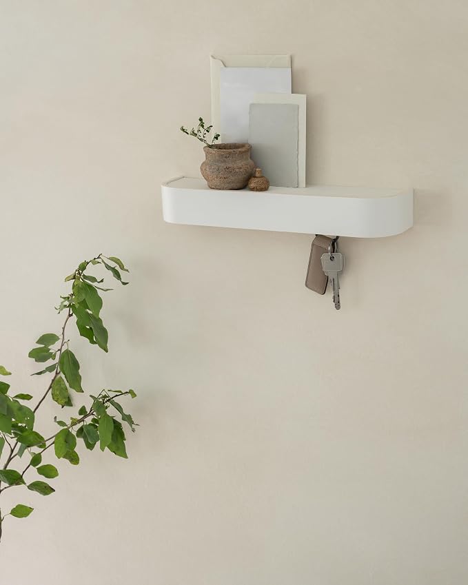 Kazai. Key Holder 'Toke' | Minimalist Key Hook Design from Berlin | Modern Key Holder Wall Mount with Wooden Shelf | Key Rack for Wall as Entryway Organizer | White