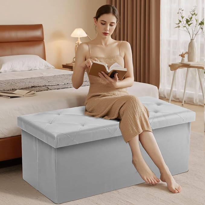 DUMOS 43 Inch Folding Storage Ottoman Bench, Large Ottoman with Storage | Storage Chest with Padded Seat, End of Bed Foot Rest Stool for Bedroom Living Room, Load 660 lbs, Synthetic Leather, Grey