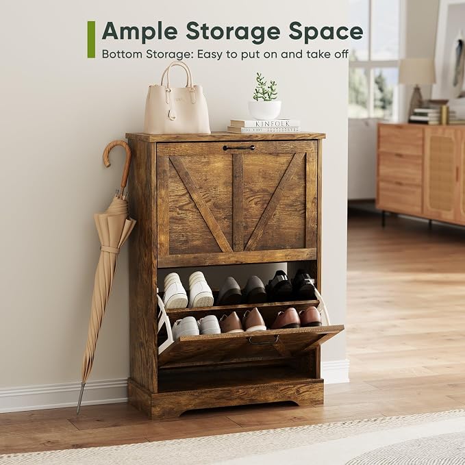Smart FENDEE Shoe Cabinet, Shoe Storage Cabinet for Entryway with 2 Flip Drawers, Narrow Farmhouse Shoe Organizer Cabinet, Slim Shoe Rack Cabinet, 23.6in Rustic Brown