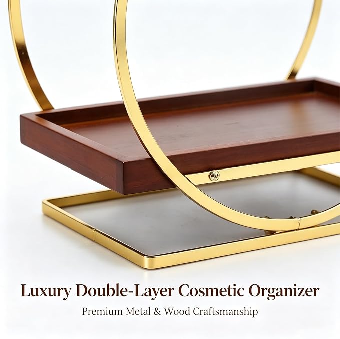 Bathroom Counter Organizer, Wooden Bathroom Organizers and Storage | 2-Tier Vanity Makeup Skincare Cologne Organizer, Bamboo Perfume Organizer for Dresser, Countertop Shelf Kitchen, Gold & Brown