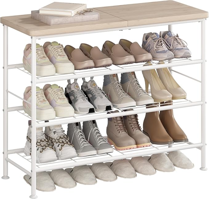 SUOERNUO 4 Tier Shoe Rack Organizer for Closet Shoe Storage for Entryway | Free Standing with MDF Top Board,Sturdy Metal Frame,Ideal for Living Room,Hallway White