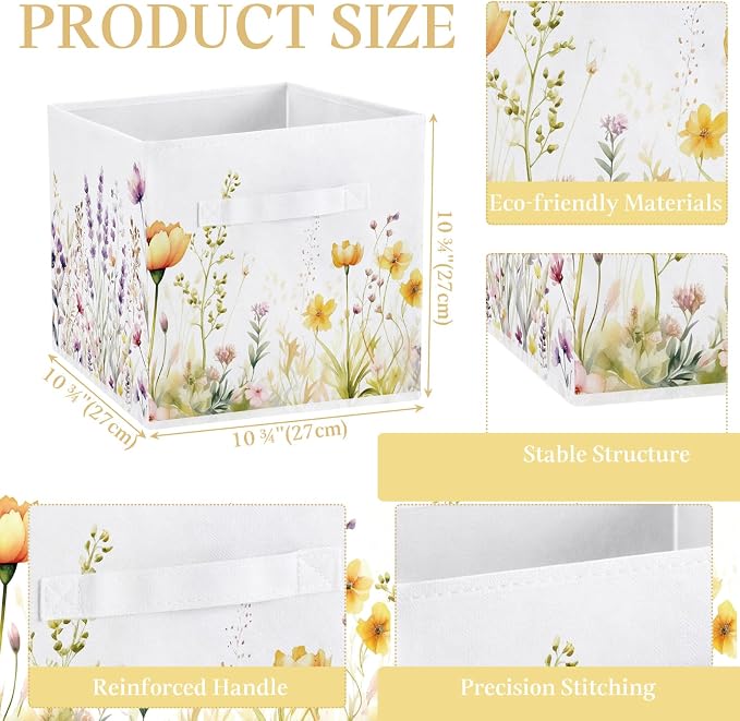 6 Pcs WildFlower Cube Storage Bins 11 Inch White Storage Basket with Handle, Preppy Girls Organizer Basket, Collapsible Fabric Box for Classroom Bedrooms