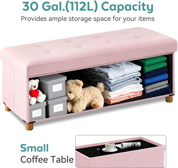 BRIAN & DANY 43 Inches Folding Storage Ottoman Bench, Ottoman with Storage Bench for Bedroom, Living Room, Entryway, with Legs, Pink