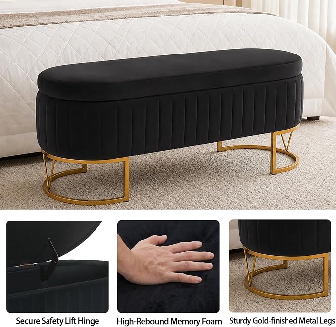 46" Storage Ottoman Bench, Velvet Oval End of Bed Bench Black | Easy 1-Min Assembly, High-Resilience Foam, Large Hidden Storage, Sturdy Gold Metal Legs