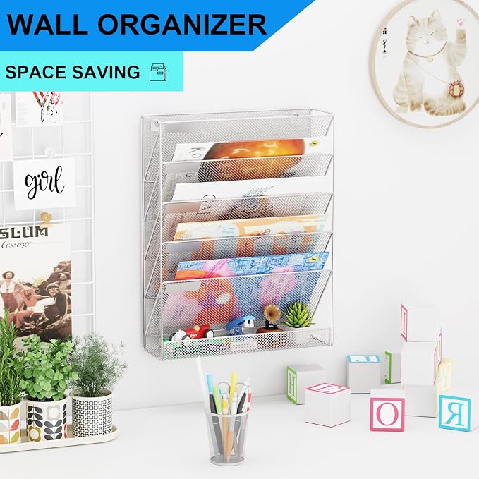 Wall File Organizer Holder Mesh Hanging Paper Document Holder, Vertical 6 Pocket Tier for Office Home, Silver