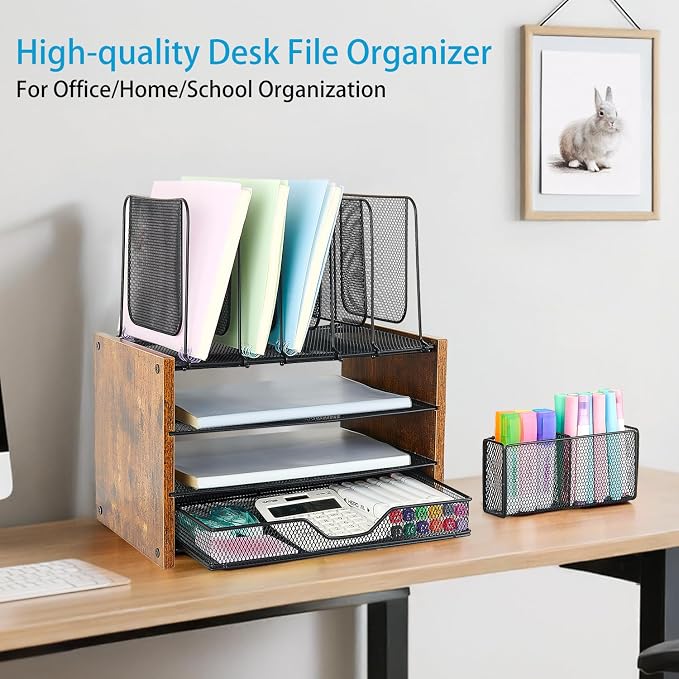 OPNICE Desk Organizer, 4-Tier Desktop File Organizer with Drawer and Pen Holders, Office Desk Accessories, File Sorters, Workspace Organizers for Office Supplies(Brown)