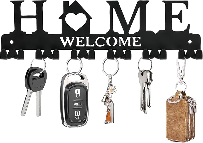 Key Holder Wall Mount, Adhesive Key Hanger with 12 Hooks, Black | Metal Material, 2 Mount Options, Compact Design, Cute Wall Decoration, Suit for Entryway, Doorway, Hallway, RV, Garage