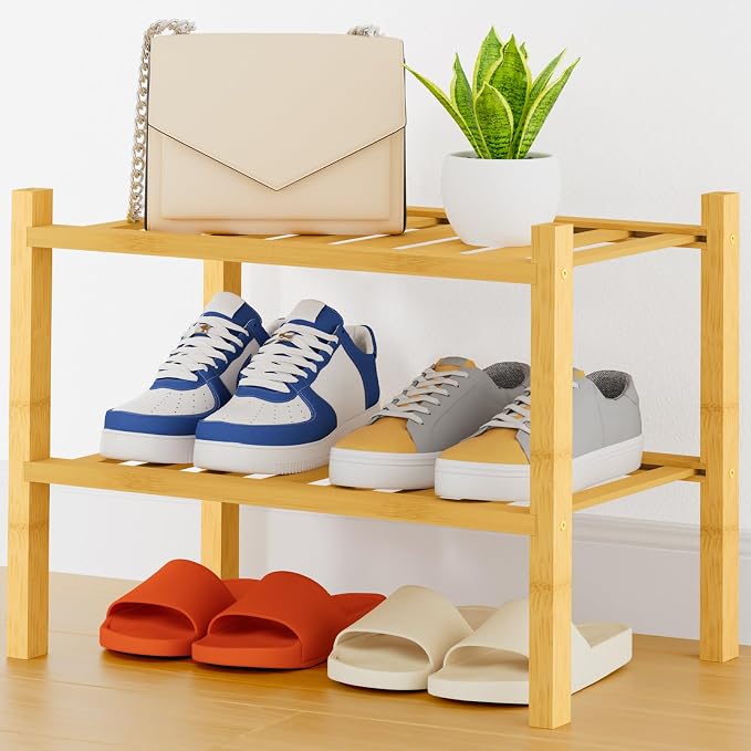Smiry Bamboo Shoe Rack, 14 Vertical Slats, 2 Tier - 17.3" Wide, Natural | Stackable Free Standing Wooden Shoe Organizer, Wood Shoe Storage Shelf for Closet, Entryway, Thicher Leg