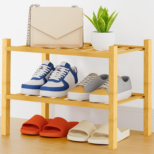 Smiry Bamboo Shoe Rack, 14 Vertical Slats, 2 Tier - 17.3" Wide, Natural | Stackable Free Standing Wooden Shoe Organizer, Wood Shoe Storage Shelf for Closet, Entryway, Thicher Leg