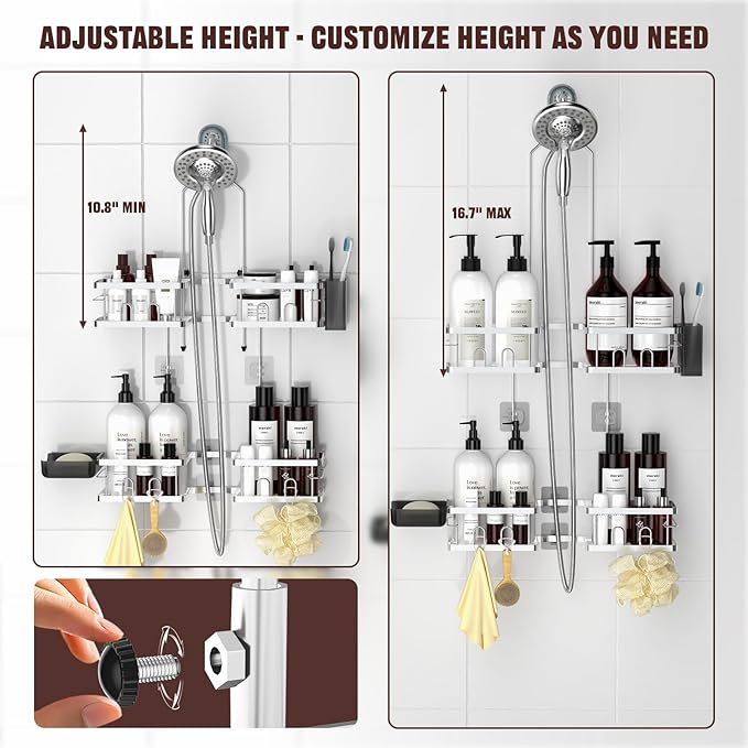REINHARDT Adjustable Shower Caddy Hanging for Handheld Showerheads, Silver | Patented Shower Organizer, Rustproof, 40lbs Capacity, Anti-Swing, Tool-Free, Suction Cups, 8 Hooks, Soap & Toothbrush Holder