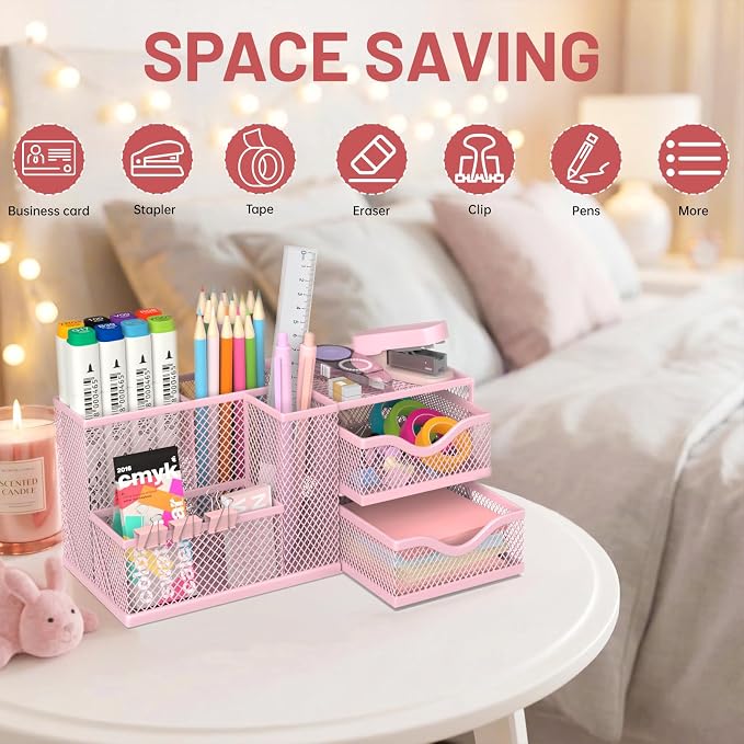 Mesh Desk Organizer with 2 Drawers, Metal Pen Holder for Desk, Pink | Versatile Storage for Pens, Notes, Clips, Desk Accessories and Office Supplies for School Office Classroom