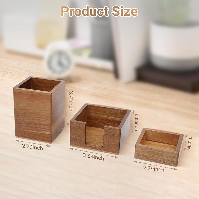 RAWILL 3 PCS Brown Wooden Desk Organizer Set Pine Wood Office Desk Accessories with Pen Holder, Paperclip Storage and Sticky Note Holder, Wood Grain Clear, Ideal Gift for Office and Family