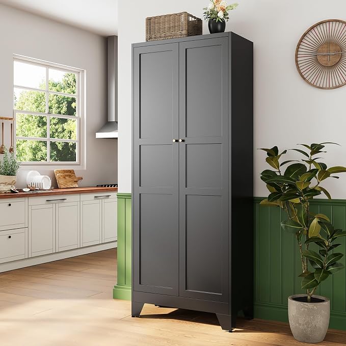 Letaya 75" H Metal Storage Cabinet with 2 Doors and 4 Shelves,Tall Kitchen Pantry Cabinets,Farmhouse Utility Pantry Organizers for Cupboard/Dining/Bathroom/Home Office/Garage Room,Black