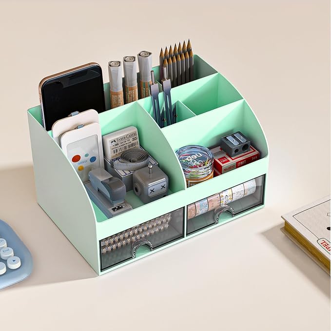 COMFYROOM Desk Organizer with 6 Compartments and 2 Drawers, Plastic Makeup Organizer, Pen Holder for Desktop Storage, Desk Organization for School, Home, Office Supplies (Mint Green)