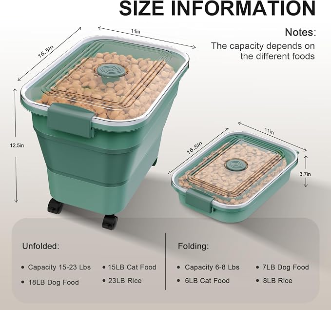 Dog Food Storage Container, 15-23 Lbs Collapsible Dog Food Container with Transparent Airtight Lid, Wheels and Scoop, Travel Pet Food Storage Container for Cat, Dog and Bird, Keep Dry Food Fresh