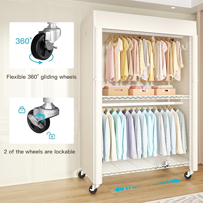 White Clothing Rack with Beige Cover, P1C Plus Rolling Closet | Metal Garment Rack with Wheels for Hanging Clothes, Portable Clothing Storage Wardrobe