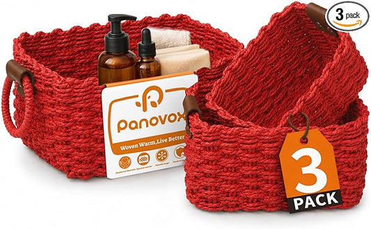 Small Wicker Baskets, 3 PCS Paper Rope Baskets for Shelves, Red | Recycled Small Baskets, 3 Sizes Woven Baskets for Organizing, Decorative Storage Baskets for Bedroom and Bathroom