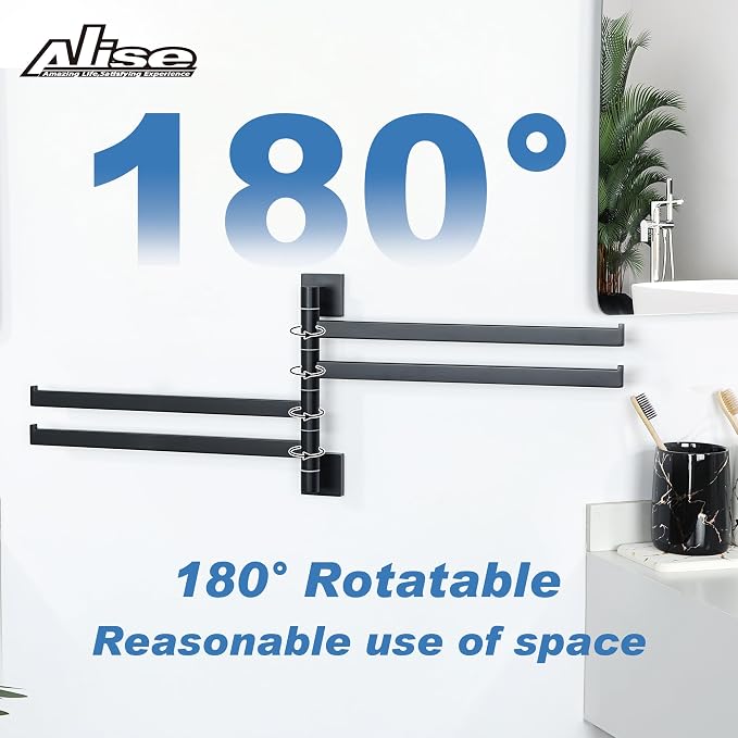 Alise 4 Arm Swivel Towel Rack, Matte Black Swivel Out Towel Bar, 13.6 Inch | Space Saving Swing Arm Towel Rack for Bathroom Kitchen Outdoor, 180° Rotating, SUS304 Stainless Steel