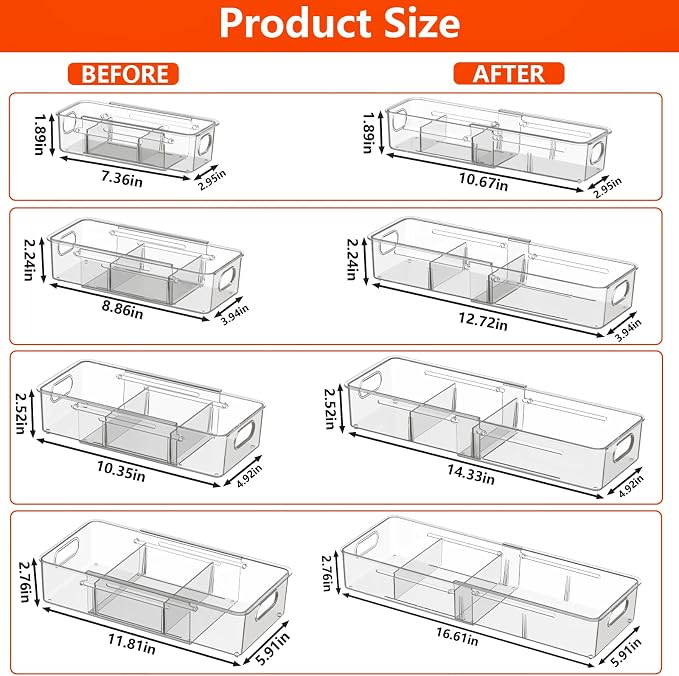 REBECAT 8 Pcs Expandable Clear Drawer Organizers, Adjustable Drawer Organizer Bins with Dividers, makeup organizer for drawer, drawer organizer bathroom for Vanity, Junk Drawer & Office