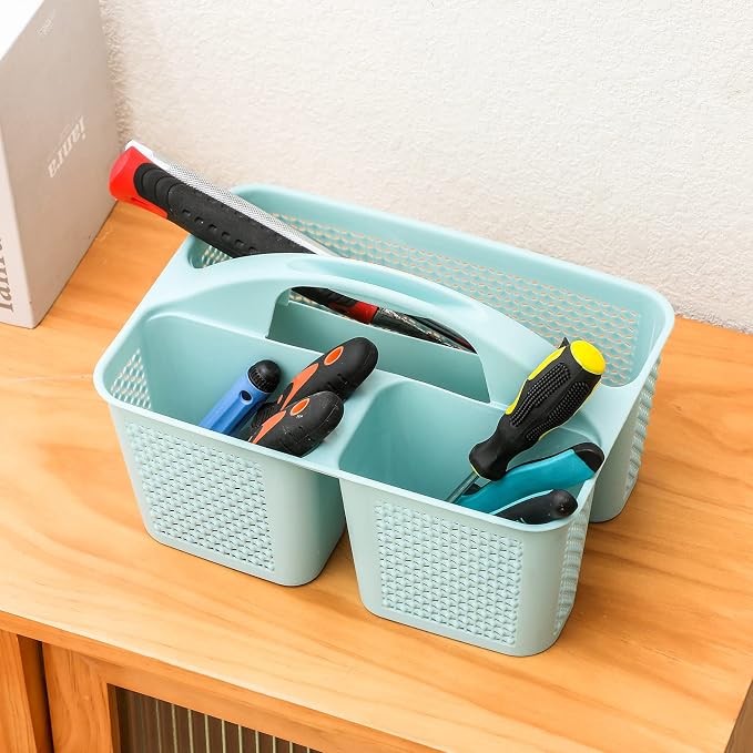Plastic Portable Shower Caddy Basket with Handle, 3 Compartments, Blue | Storage Organizer with Drain Holes, Sturdy and Durable For Bathroom, Kitchen, College Dorm, Sink, Camping