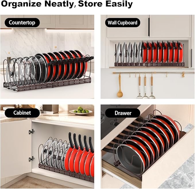 Housolution Pot and Pan Lid Organizer Holder Storage Rack, Bronze | 12"-23" Expandable, 14 Adjustable Dividers, Sturdy Metal Construction, Easy Assembly