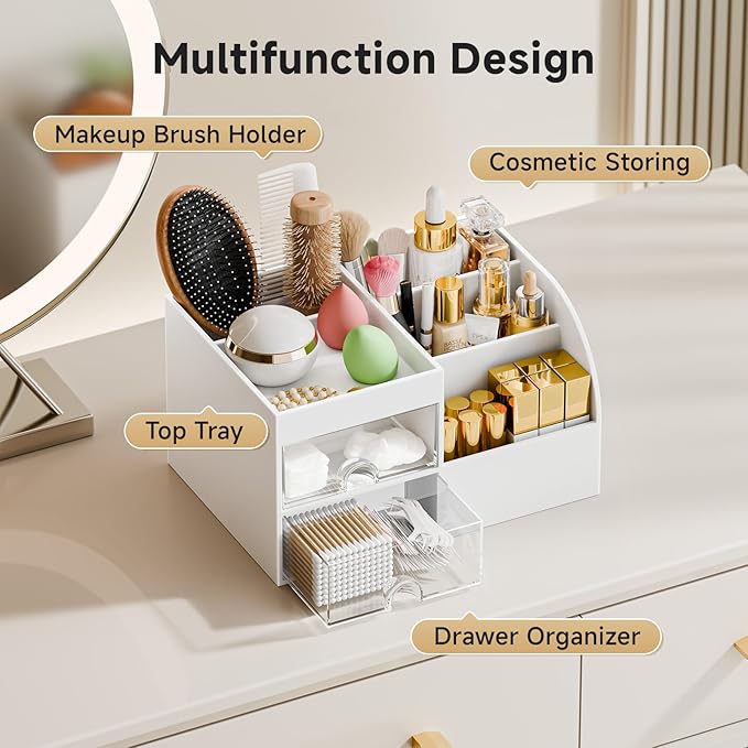 Makeup Organizer with 2 Drawers, Makeup Organizers Countertop for Vanity and Bathroom, Make up organization and Skincare Storage with Brush Holder, for Dresser, Desktop, Cosmetic Display Case (White)