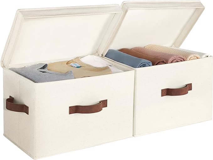 StorageWorks Fabric Storage Bins with Lid, Decorative Storage Boxes for Shelves, Stackable Closet Organizer Basket with Handles, Large, Ivory White, 2-Pack | Flip-Top Lid, 3 Handles, Collapsible, Stackable, for Clothes Blankets, Multi-Purpose, Large, I...