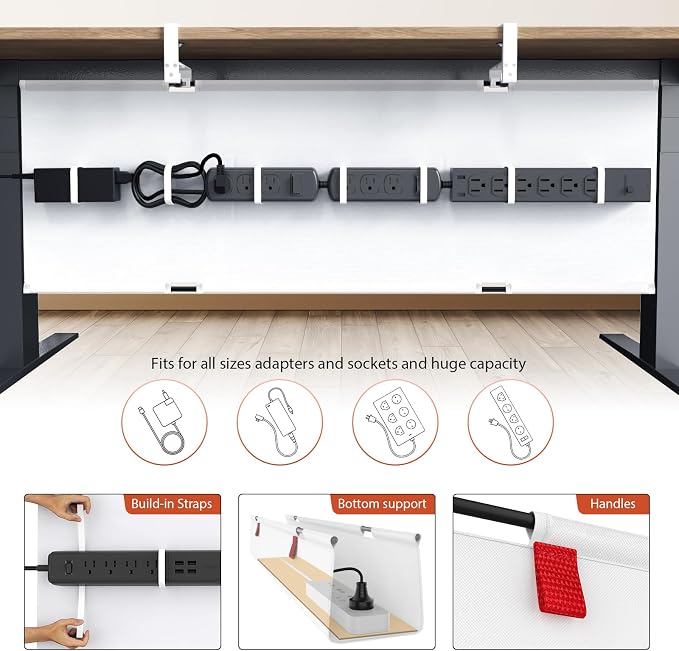 Univivi No Drill Under Desk Cable Management Tray, 48 inch Cable Management | Clamp/Screw Mount Desk Cable Organizer, Premium Fabric Cable Management Tray, Large Capacity Cord Management for Office, Home