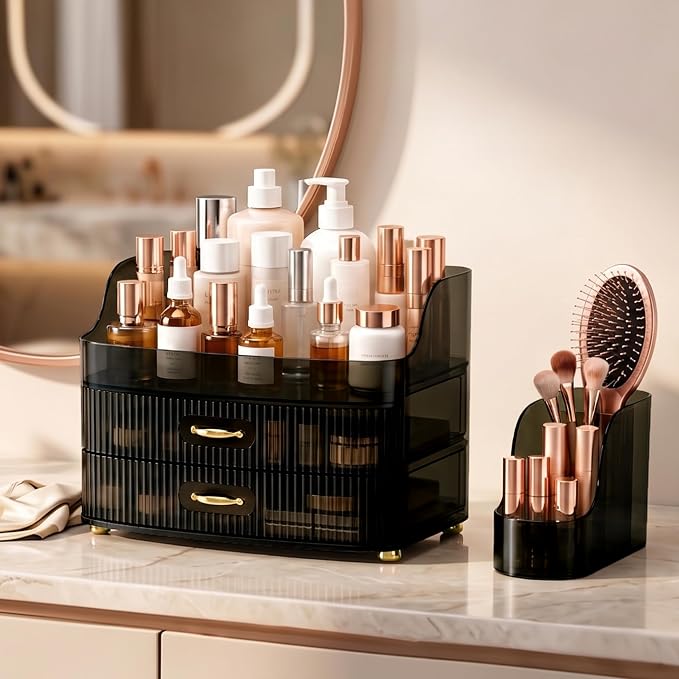 Makeup Organizer for Countertop Vanity Skincare Storage for Perfume Lipstick Bathroom Dresser Desk with Drawers And Brush Holder (Grey)