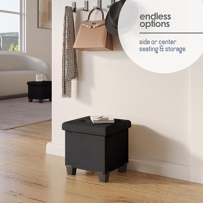 Storage Ottoman Cube with Small Bin, 15-in Square Ottoman with Storage for Living Room and Bedroom, Small Ottomans Foot Rest, Fabric Foot Stools Ottomans Max 330lbs, Black