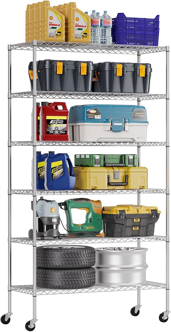 FDW | 6-Tier Wire Shelf with Wheels | 45" x 18" x 82" | Chrome | Storage Shelves with Adjustable Racks, Holds upto 510 lbs | Rust-Resistant, No-Tool Assembly | For Home, Garage