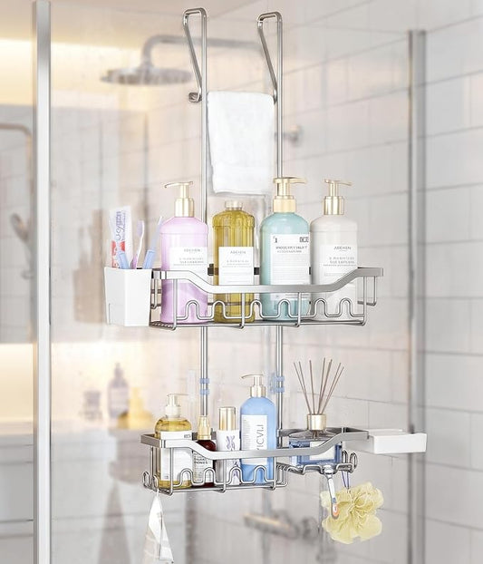 Shower Caddy Hanging Over the Door, Upgraded Extended Length Shower Organizer, Rustproof Bathroom Rack with Hooks Soap Holder, Silver