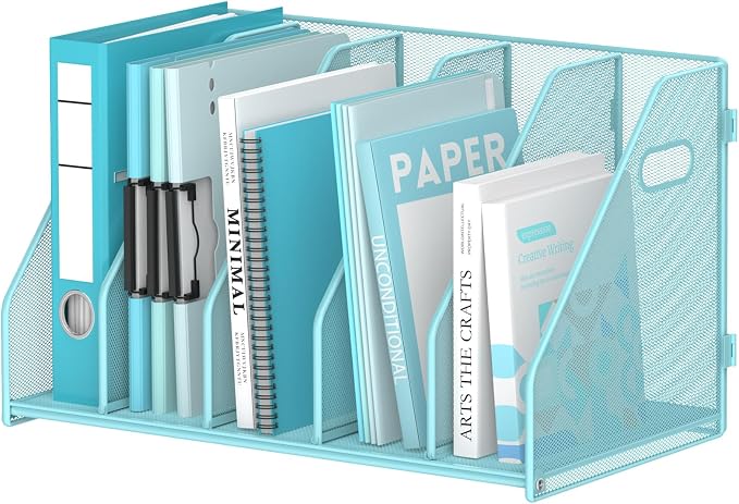 Binder Organizer, Magazine File Holder with 5 Vertical Rack, Blue | Metal Desk File Organizer & Binder Holders, Magazine Organizers for Office Desktop, Home, School, Classroom